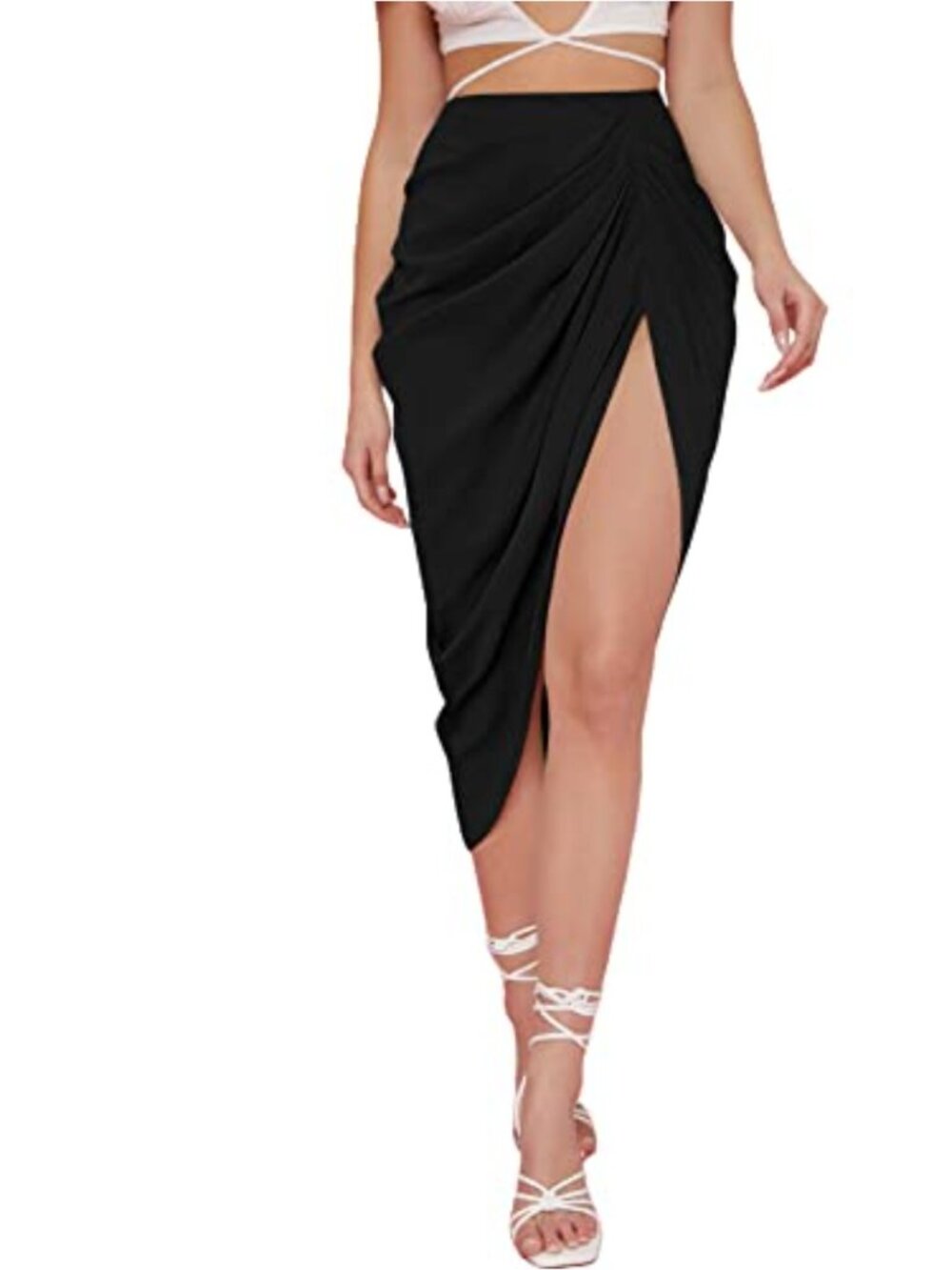 Satin High Waist Ruched Bodycon Midi Skirt with Front Split & Zip Back